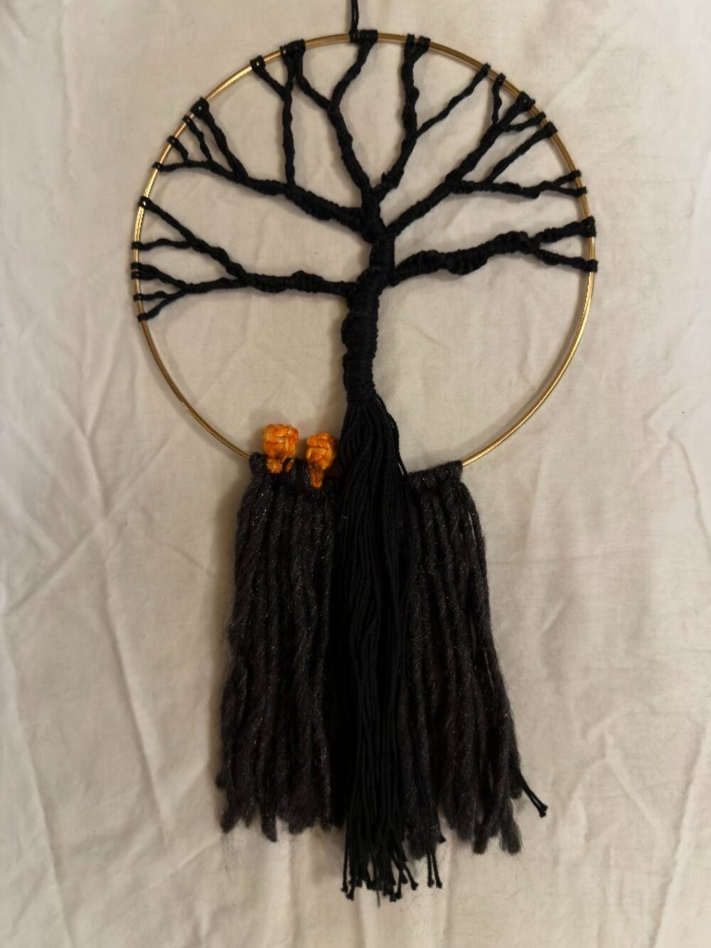 7.5" Silver Round Ring Boho Macrame Black Orange Tree of Life with Pumpkins